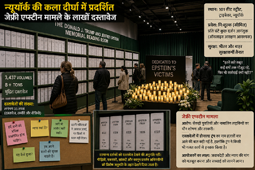 न्यूयॉर्क की कला दीर्घा में प्रदर्शित किए गए जेफ्री एप्स्टीन मामले के लाखों दस्तावेज
