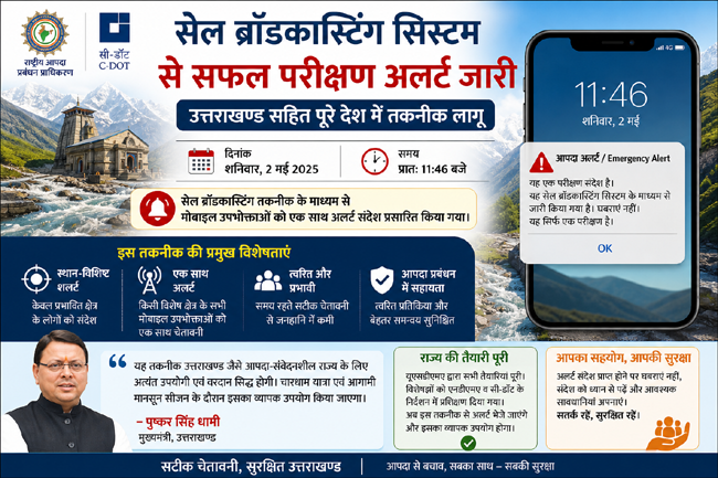 आपदा पूर्व चेतावनी : उत्तराखण्ड में सेल ब्रॉडकास्टिंग सिस्टम से आपदा चेतावनी का सफल परीक्षण