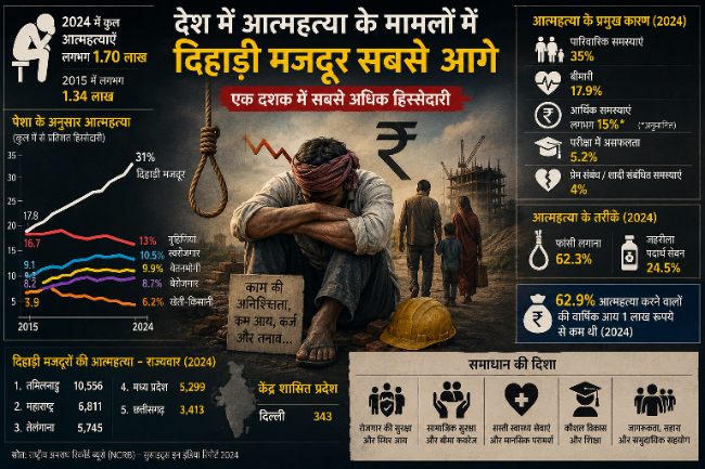 देश में आत्महत्या के मामलों में दिहाड़ी मजदूर सबसे आगे, एक दशक में सबसे अधिक हिस्सेदारी